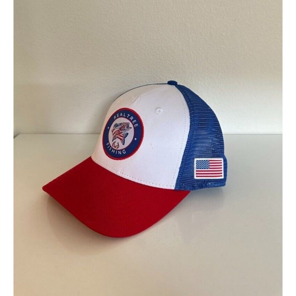 NWT RealTree Fishing Trucker Snapback Hat Snap Closure Cotton Red White Blue